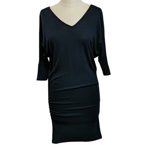 Zenana Outfitters Dark Blue V Neck Dolman Sleeve Ruched Midi Dress Size S